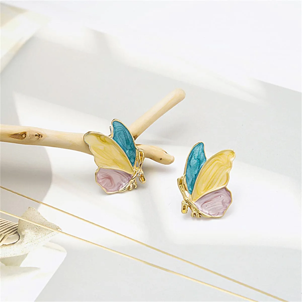 Teal & Yellow Enamel Butterfly Stud Earrings