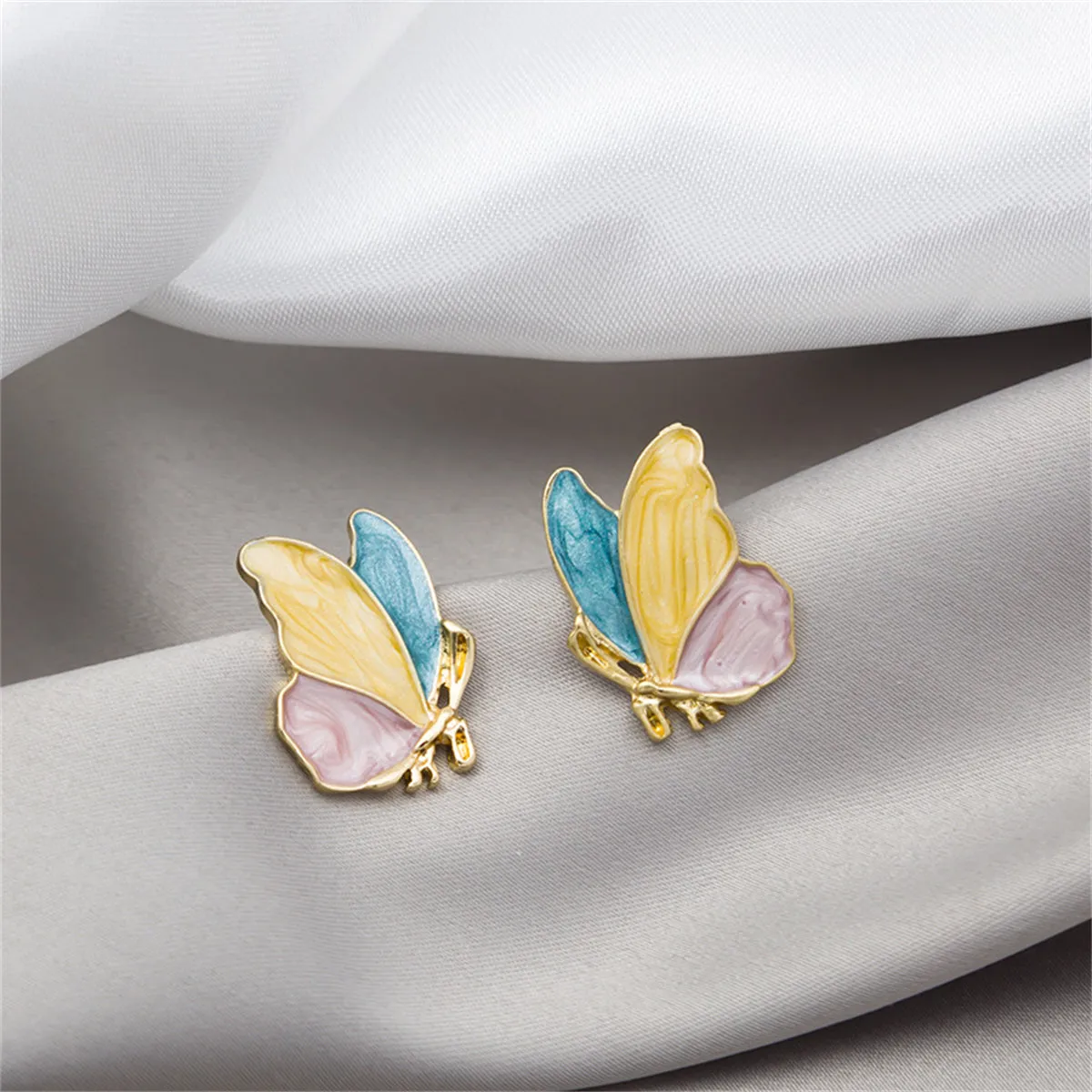 Teal & Yellow Enamel Butterfly Stud Earrings