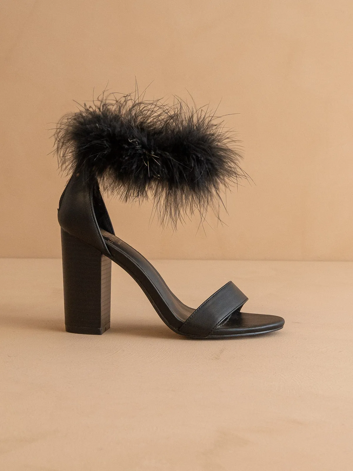 The Sasha | Black Feathered ankle block heel