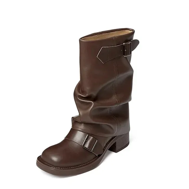 Thick High Heels Mid Calf Boots