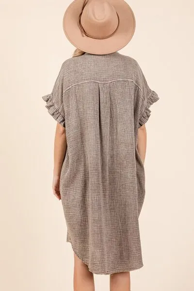 Toffee Color Mineral Wash Cotton Gauze Mini Shirt Dress