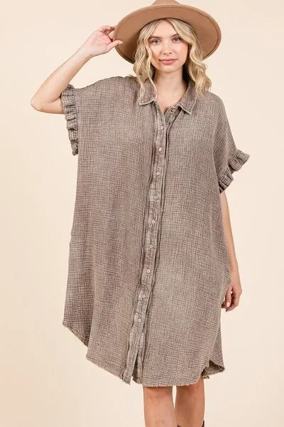 Toffee Color Mineral Wash Cotton Gauze Mini Shirt Dress