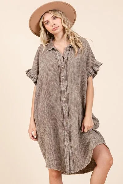 Toffee Color Mineral Wash Cotton Gauze Mini Shirt Dress