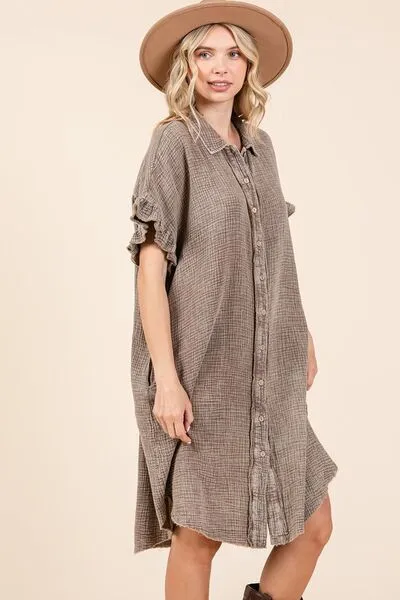Toffee Color Mineral Wash Cotton Gauze Mini Shirt Dress