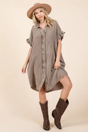 Toffee Color Mineral Wash Cotton Gauze Mini Shirt Dress