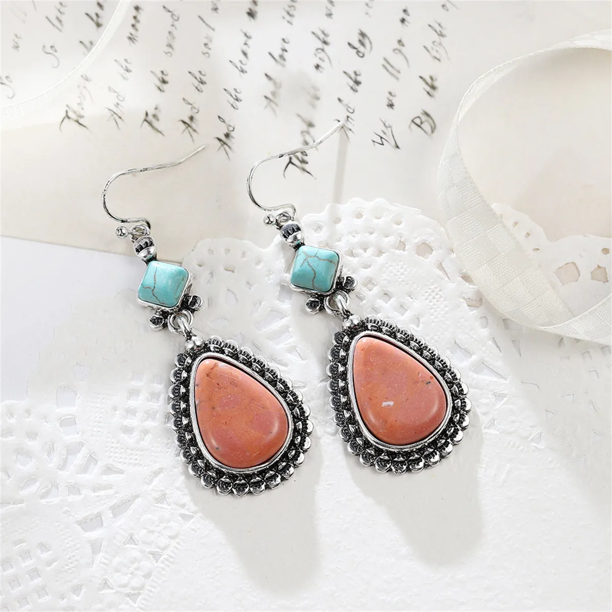 Turquoise & Silver-Plated Drop Earrings