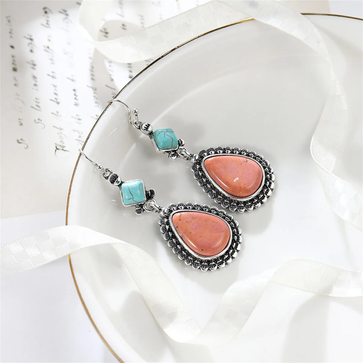 Turquoise & Silver-Plated Drop Earrings