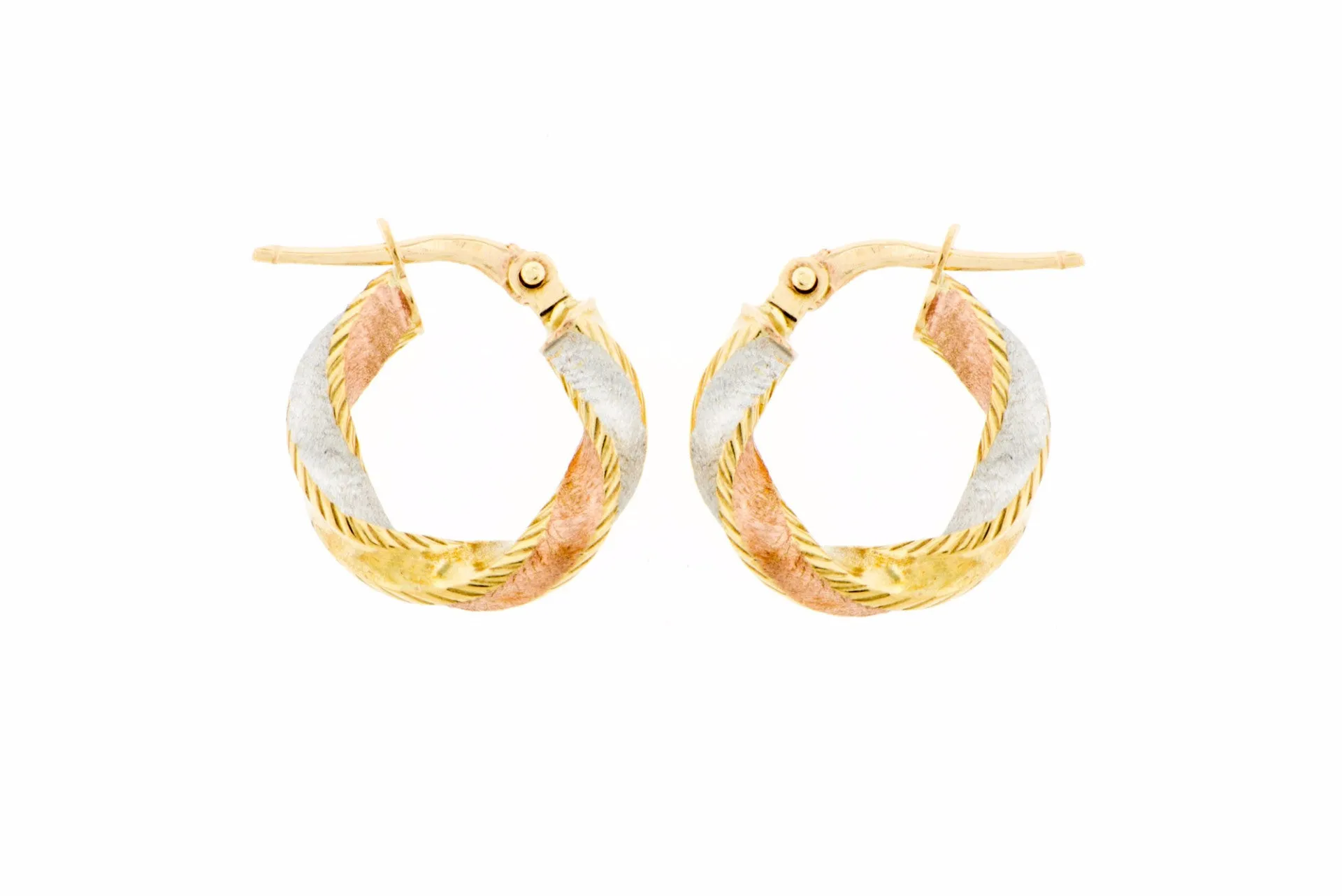 Twisted Tri-Color Hoop Earrings 14K Gold - Small