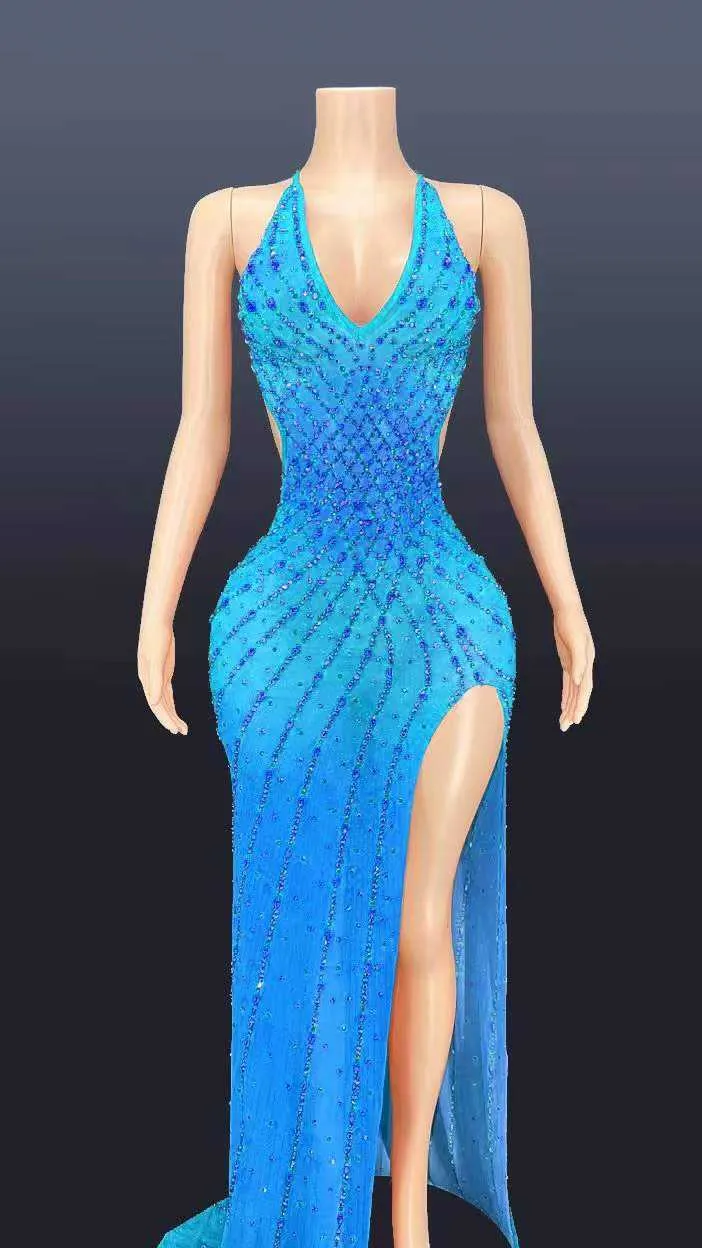 V Neck Sleeveless Bodycon Rhinestone High Slit Dress