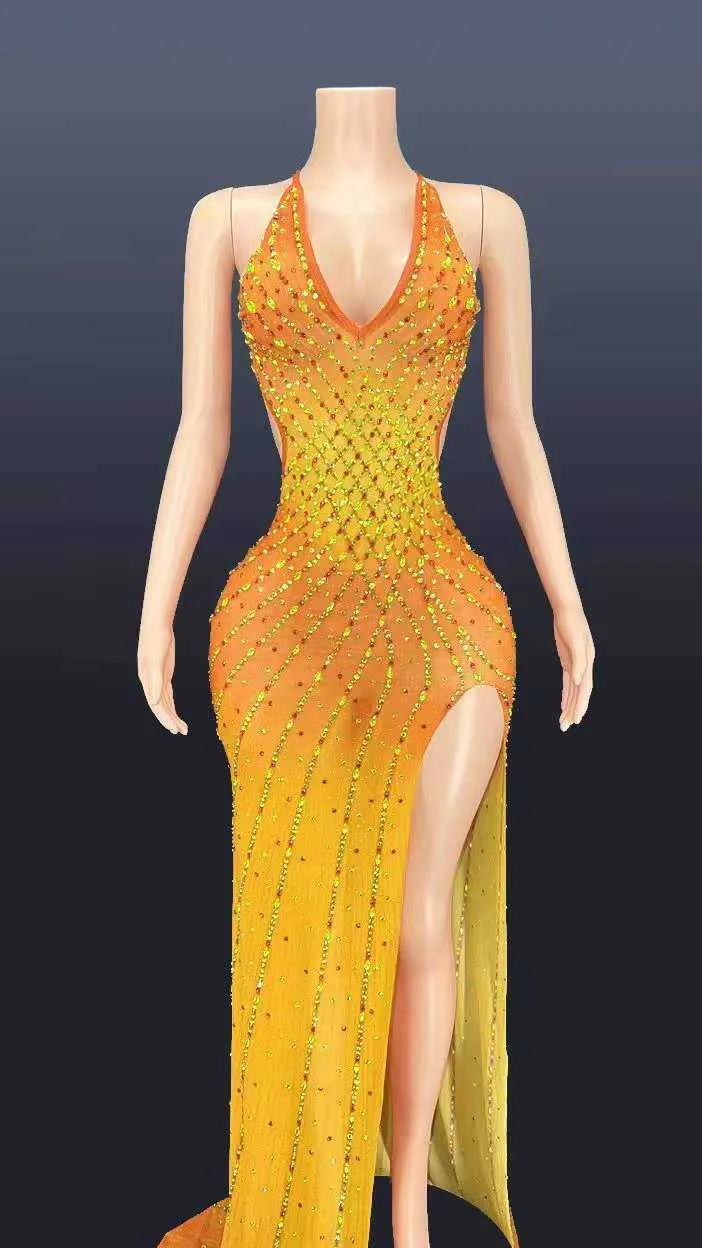 V Neck Sleeveless Bodycon Rhinestone High Slit Dress
