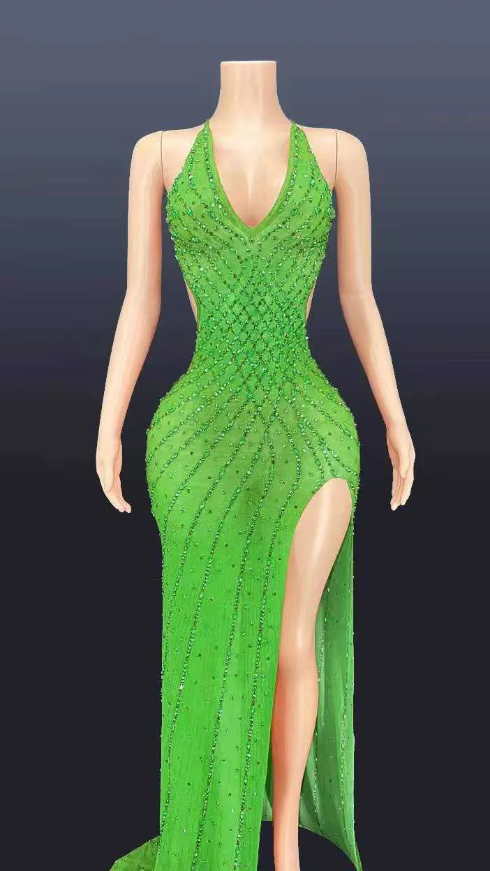 V Neck Sleeveless Bodycon Rhinestone High Slit Dress