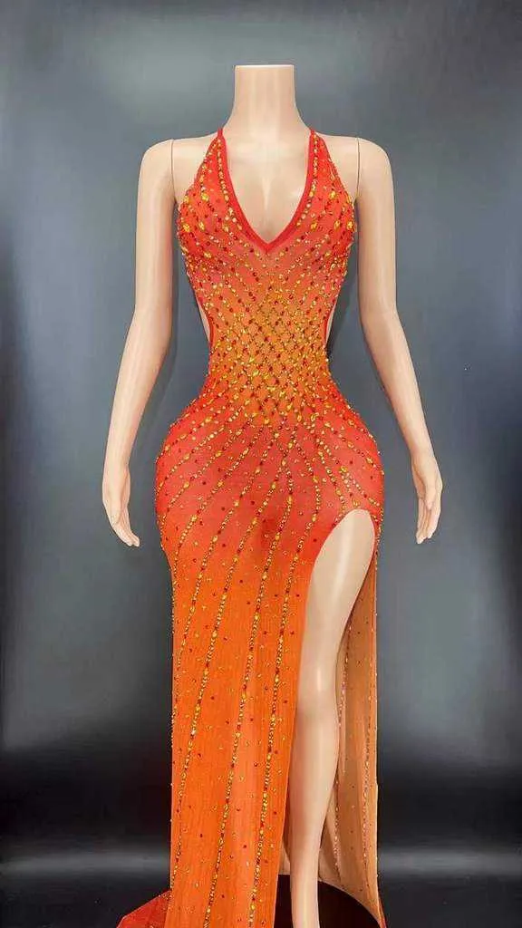 V Neck Sleeveless Bodycon Rhinestone High Slit Dress