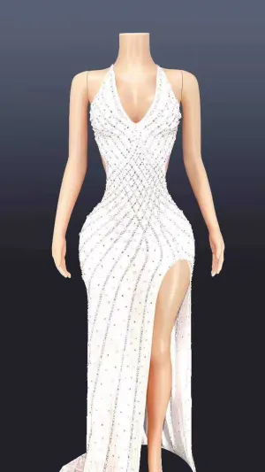 V Neck Sleeveless Bodycon Rhinestone High Slit Dress