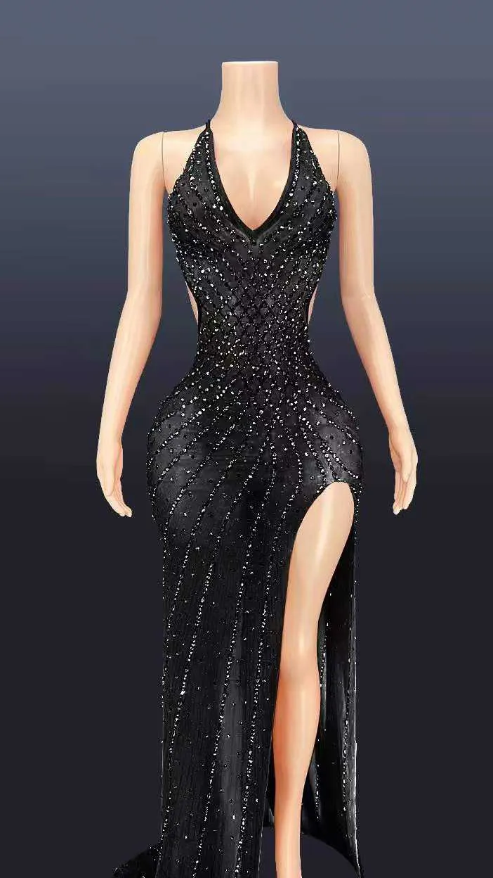 V Neck Sleeveless Bodycon Rhinestone High Slit Dress