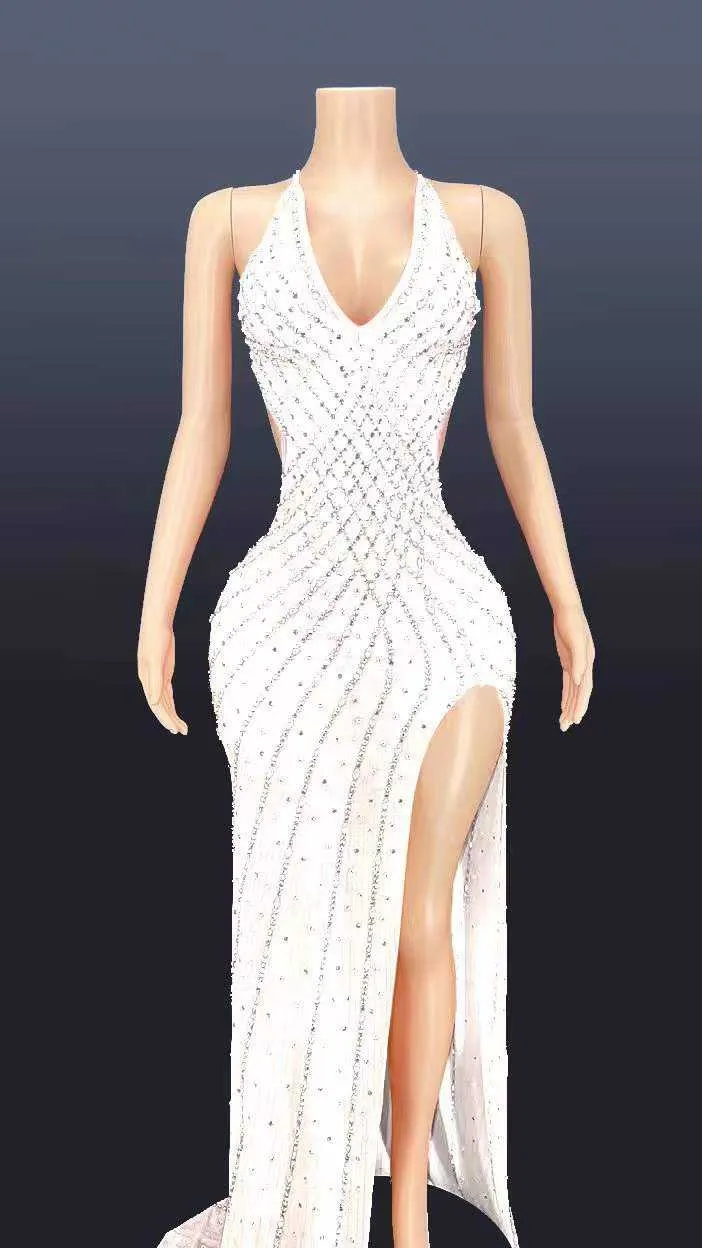 V Neck Sleeveless Bodycon Rhinestone High Slit Dress
