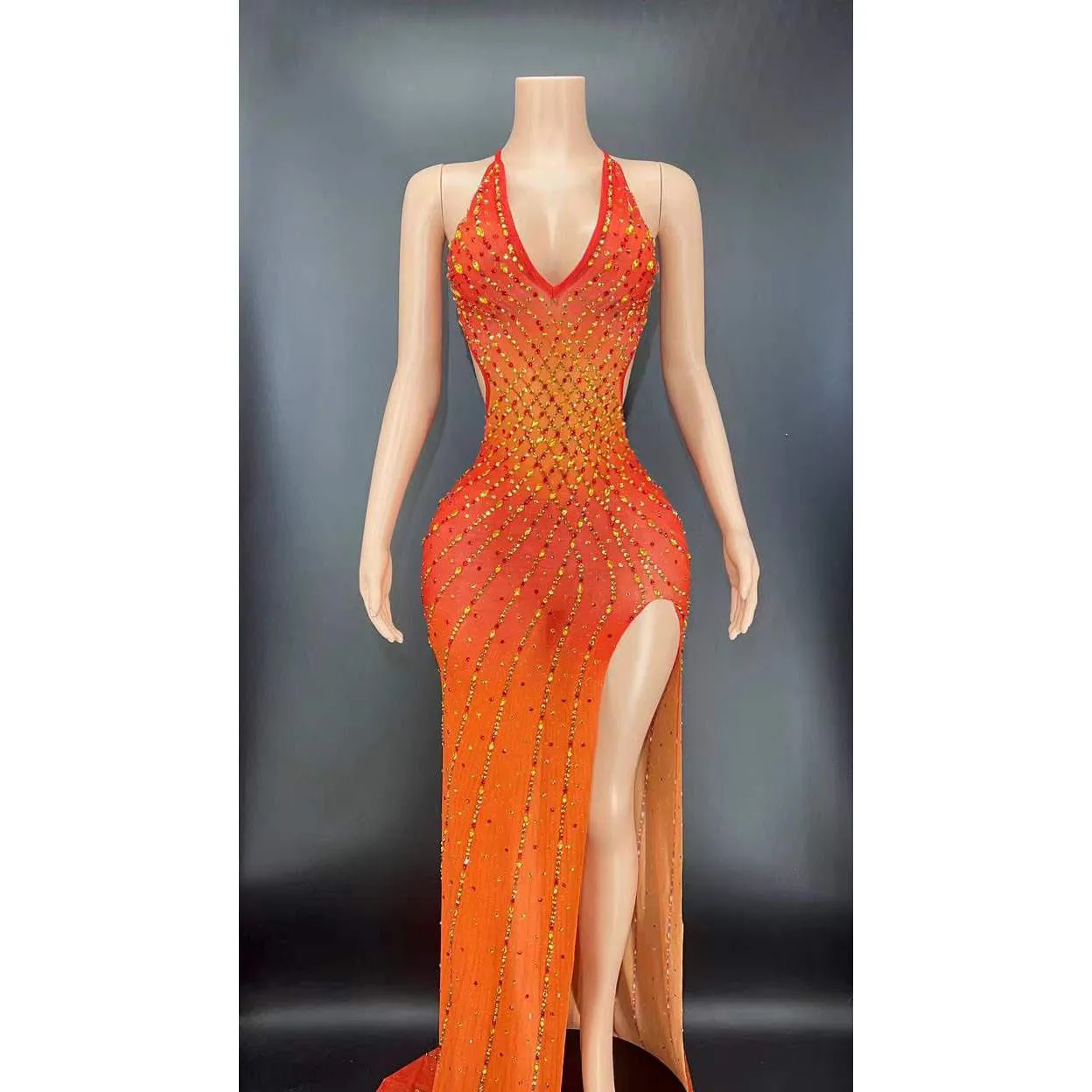 V Neck Sleeveless Bodycon Rhinestone High Slit Dress