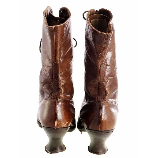 Vintage  Brown Leather Ladies High Top Laceup Boots Spool Heel S 7-7.5 Victorian