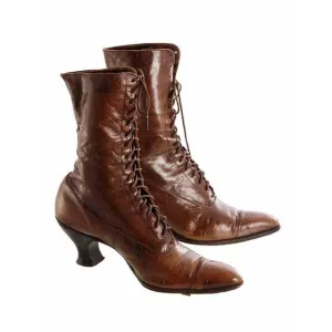 Vintage  Brown Leather Ladies High Top Laceup Boots Spool Heel S 7-7.5 Victorian