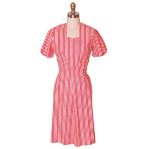 Vintage Cotton Printed  House Dress Frock Red Stripes  Early 1940s 40-30-40