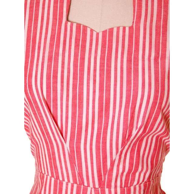 Vintage Cotton Printed  House Dress Frock Red Stripes  Early 1940s 40-30-40
