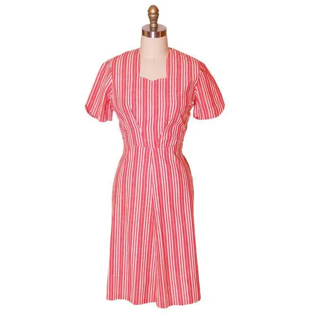 Vintage Cotton Printed  House Dress Frock Red Stripes  Early 1940s 40-30-40