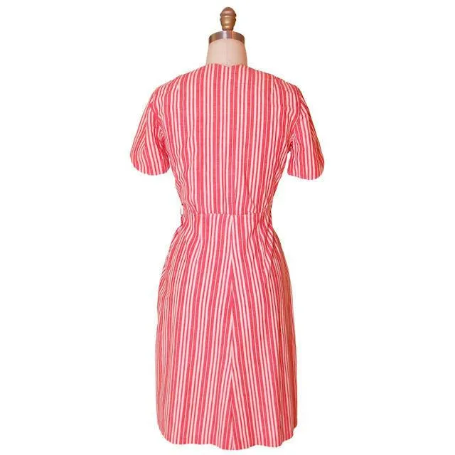 Vintage Cotton Printed  House Dress Frock Red Stripes  Early 1940s 40-30-40