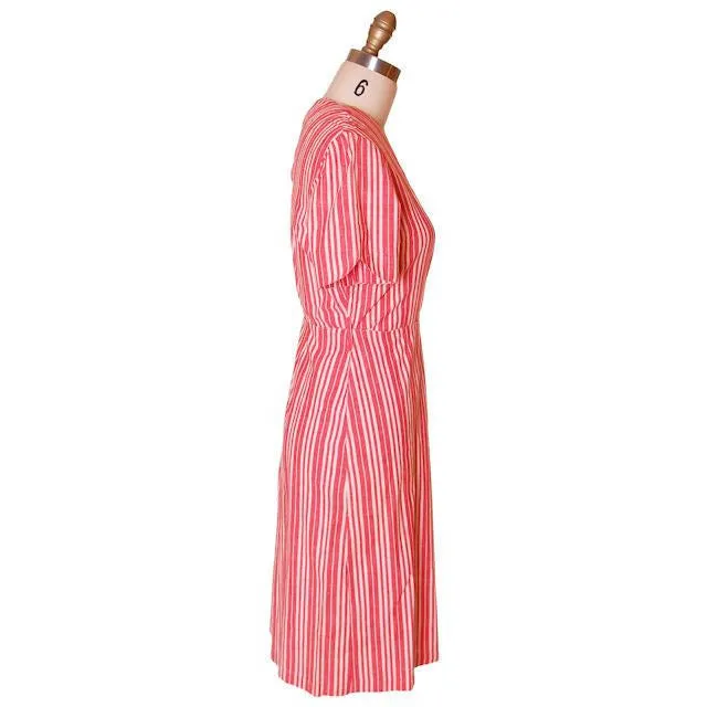 Vintage Cotton Printed  House Dress Frock Red Stripes  Early 1940s 40-30-40