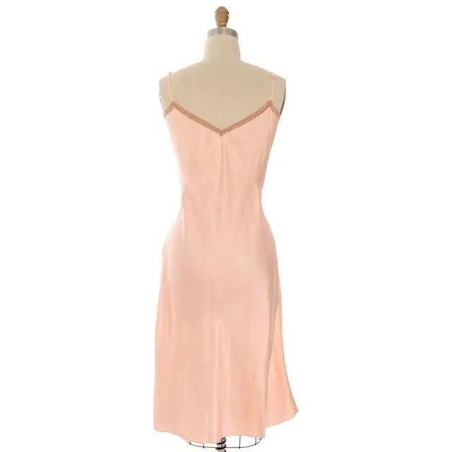 Vintage Full Slip Bias Cut Peach Rayon Satin w/ Lace Trim  Sz  38 1930s Adso