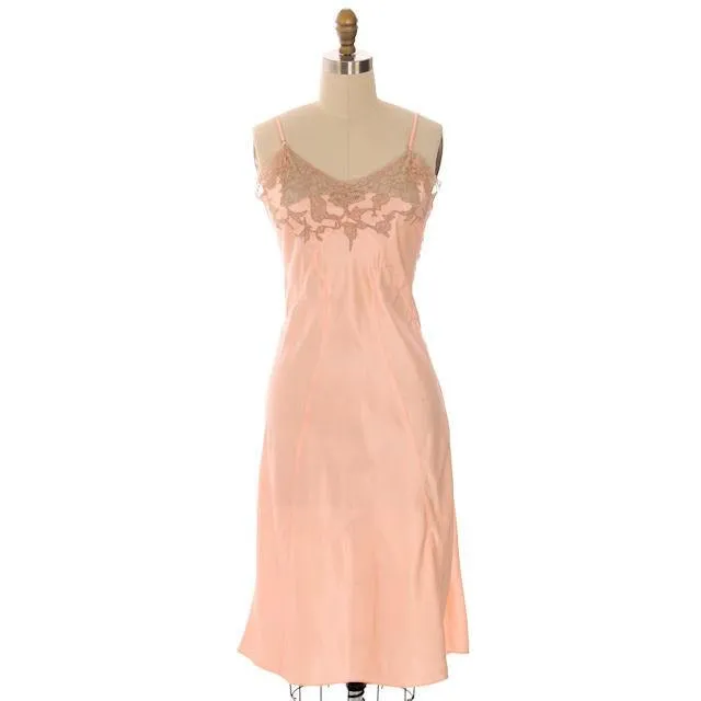 Vintage Full Slip Bias Cut Peach Rayon Satin w/ Lace Trim  Sz  38 1930s Adso
