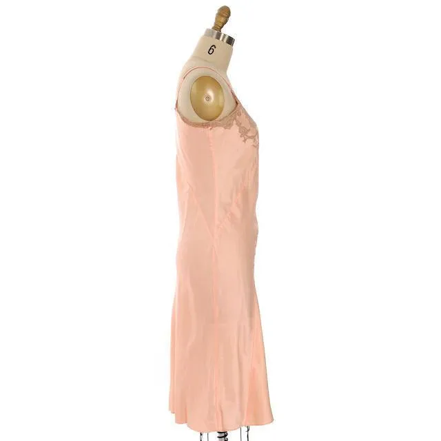 Vintage Full Slip Bias Cut Peach Rayon Satin w/ Lace Trim  Sz  38 1930s Adso