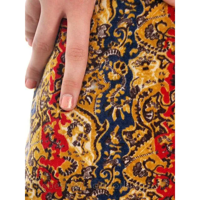 Vintage Goldworm Printed Wool Maxi Dress w/ Matching Scarf 1970s  Small