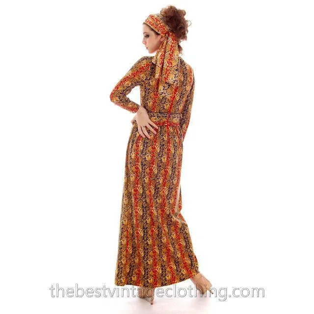 Vintage Goldworm Printed Wool Maxi Dress w/ Matching Scarf 1970s  Small