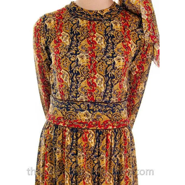 Vintage Goldworm Printed Wool Maxi Dress w/ Matching Scarf 1970s  Small