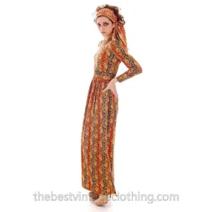 Vintage Goldworm Printed Wool Maxi Dress w/ Matching Scarf 1970s  Small