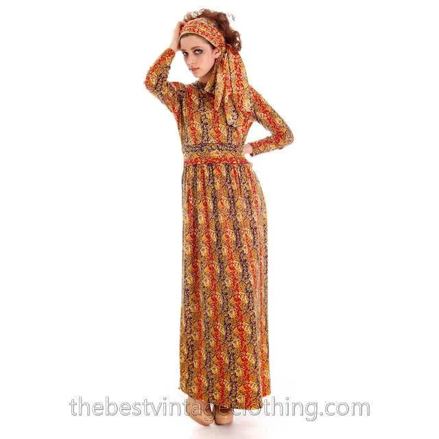 Vintage Goldworm Printed Wool Maxi Dress w/ Matching Scarf 1970s  Small