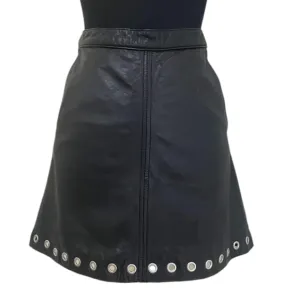 Vintage H&amp;M Genuine Leather Black A-Line Skirt With Silver Eyelets, Size S