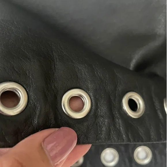 Vintage H&amp;M Genuine Leather Black A-Line Skirt With Silver Eyelets, Size S