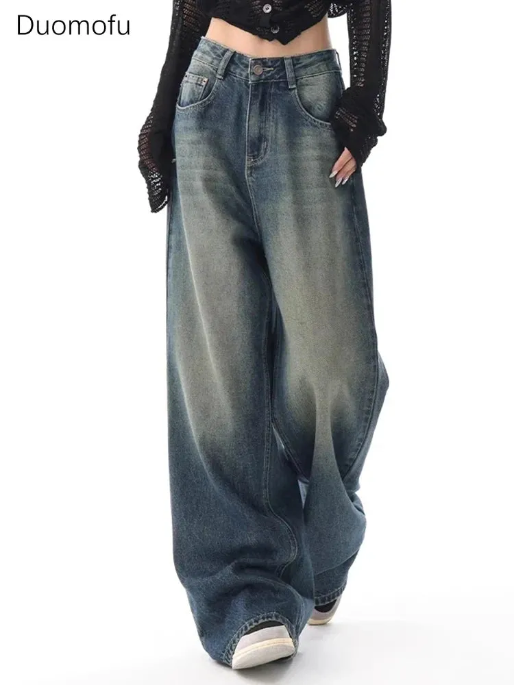 Vintage High Waist Jeans American Basic Simple Casual Fashion S-XL Baggy Distressed Jeans for Women