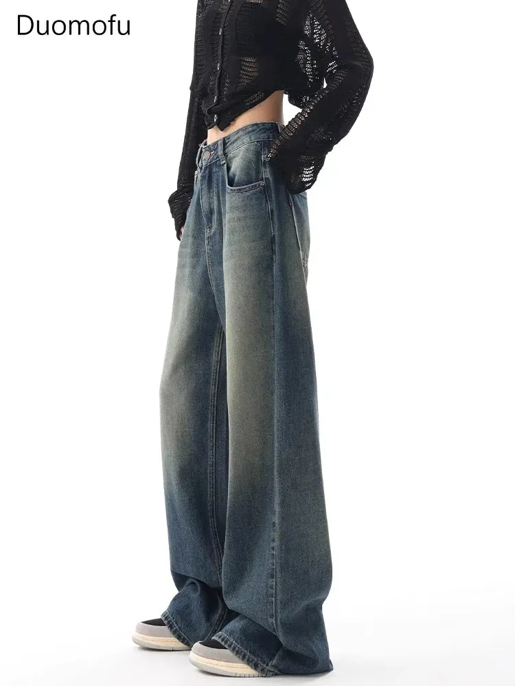 Vintage High Waist Jeans American Basic Simple Casual Fashion S-XL Baggy Distressed Jeans for Women