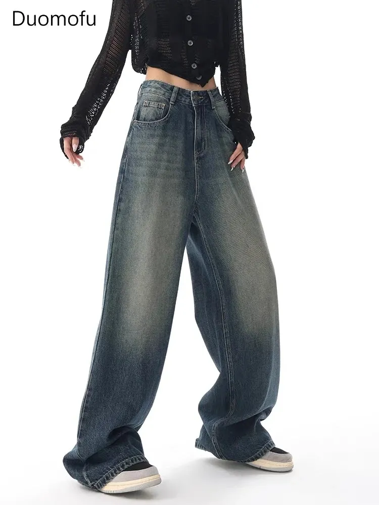 Vintage High Waist Jeans American Basic Simple Casual Fashion S-XL Baggy Distressed Jeans for Women