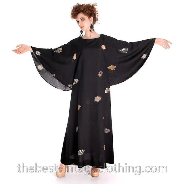 Vintage Marimekko Wool Maxi Dress Floral Amazing Angel Sleeves 1960s M