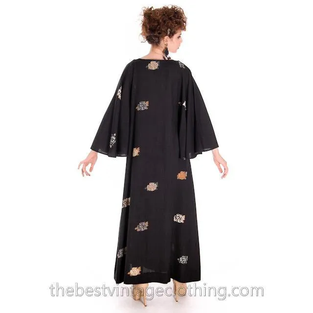 Vintage Marimekko Wool Maxi Dress Floral Amazing Angel Sleeves 1960s M