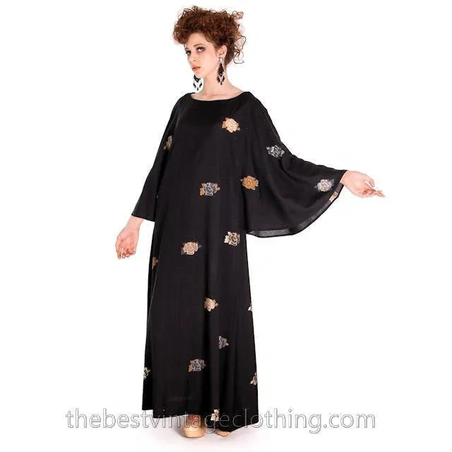 Vintage Marimekko Wool Maxi Dress Floral Amazing Angel Sleeves 1960s M