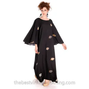 Vintage Marimekko Wool Maxi Dress Floral Amazing Angel Sleeves 1960s M