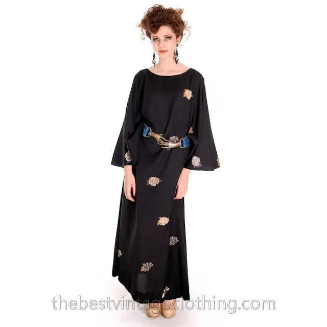 Vintage Marimekko Wool Maxi Dress Floral Amazing Angel Sleeves 1960s M