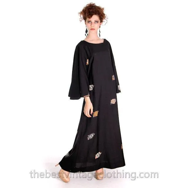 Vintage Marimekko Wool Maxi Dress Floral Amazing Angel Sleeves 1960s M