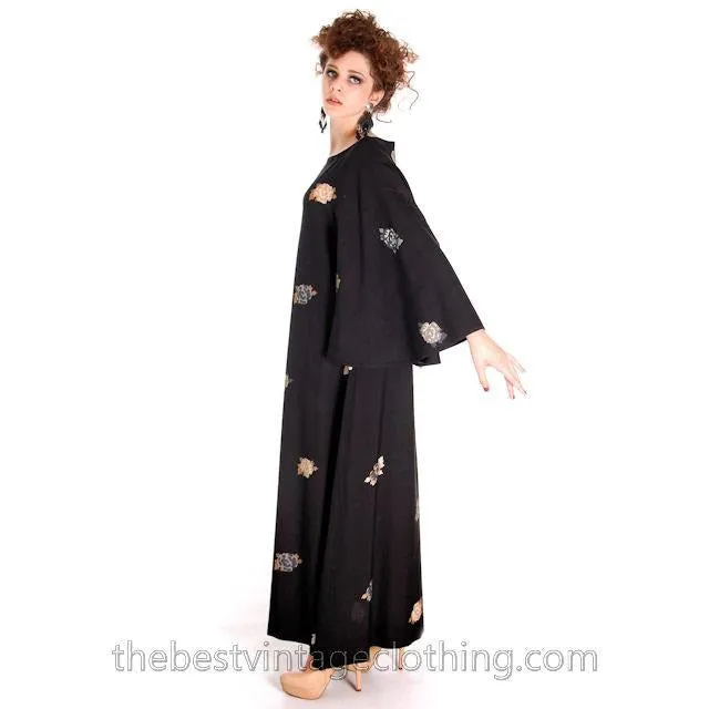 Vintage Marimekko Wool Maxi Dress Floral Amazing Angel Sleeves 1960s M