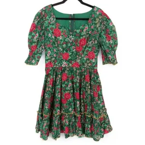 Vintage Poinsettia Christmas Holiday Dress Pinecone Ruffled Full Skirt Handmade