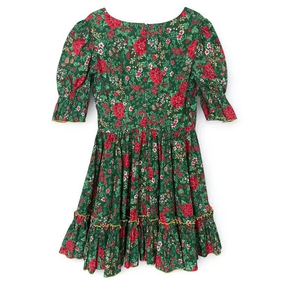 Vintage Poinsettia Christmas Holiday Dress Pinecone Ruffled Full Skirt Handmade