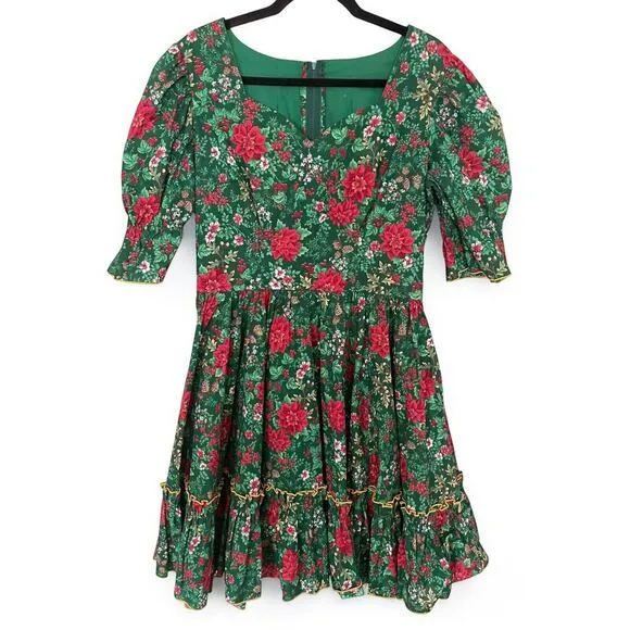 Vintage Poinsettia Christmas Holiday Dress Pinecone Ruffled Full Skirt Handmade